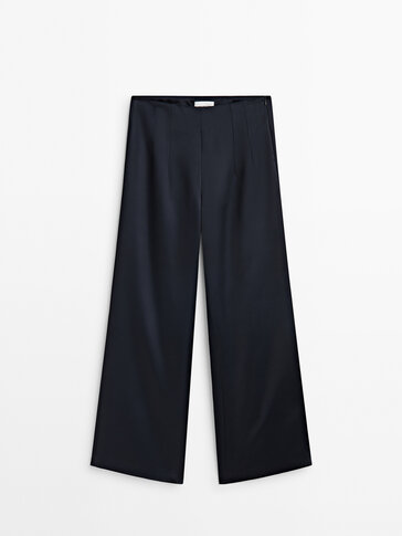 Straight navy blue satin trousers