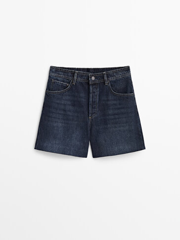 High waist denim shorts with leather pocket · Medium Blue · Dressy