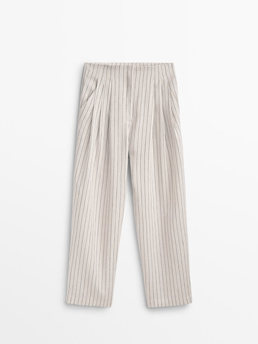 Striped linen trousers with darts