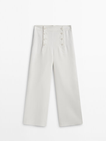 Cotton and linen blend wide-leg trousers with buttons