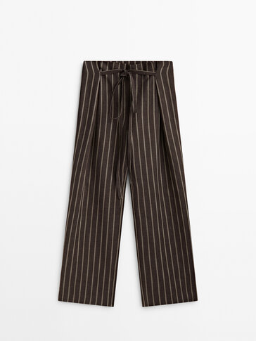 Striped linen blend trousers with tie detail