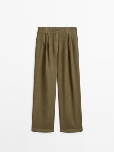 Darted 100% linen trousers with turn-up hem