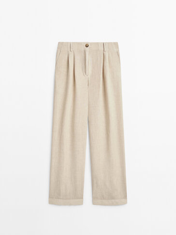 Darted 100% linen trousers with turn-up hem