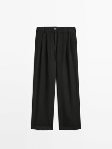 Darted 100% linen trousers with turn-up hem