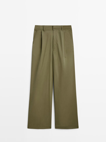 Cotton blend darted wide-leg trousers · Khaki · Skirts | Massimo Dutti