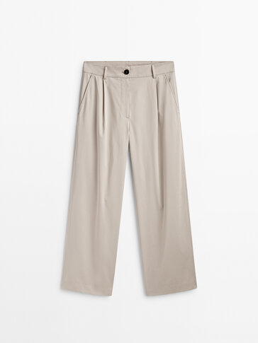 Wide-leg cotton blend satin darted trousers · Beige, Dark Green