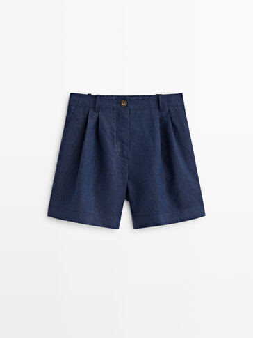 Linen Bermuda shorts with darts Indigo Brown Khaki Mole Brown