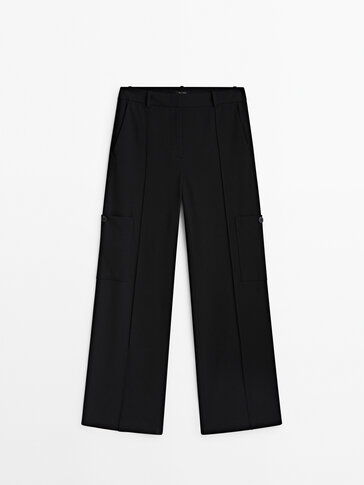 Black cargo trousers with central seam