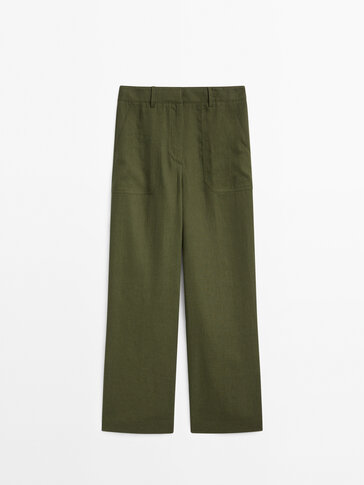 Cropped 100% linen trousers with pockets