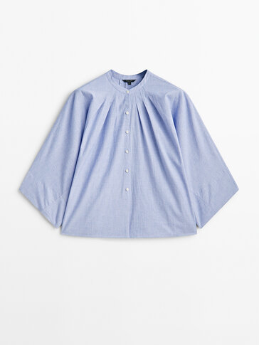 Darted chambray shirt with stand-up collar