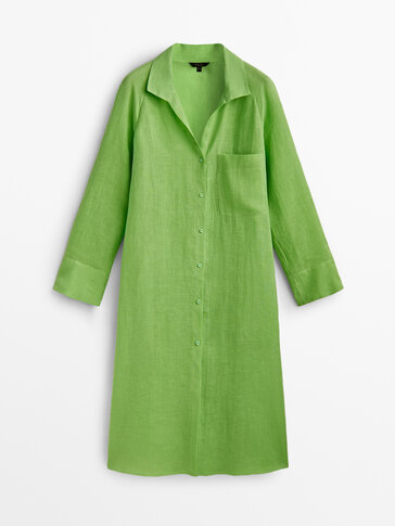 100 linen maxi oversize shirt blouse with pocket Pale Green