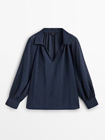 Cotton voile blouse with gathered details - Massimo Dutti