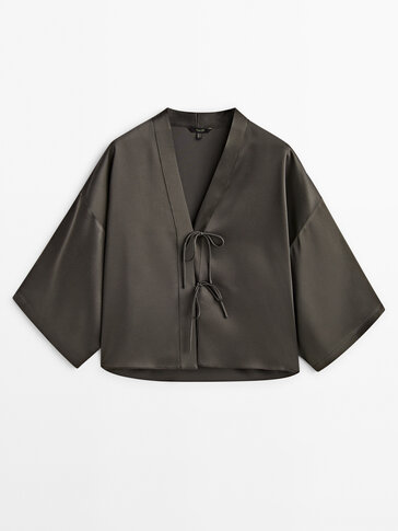 Satin kimono blouse with ties · Medium Grey · Shirts | Massimo Dutti