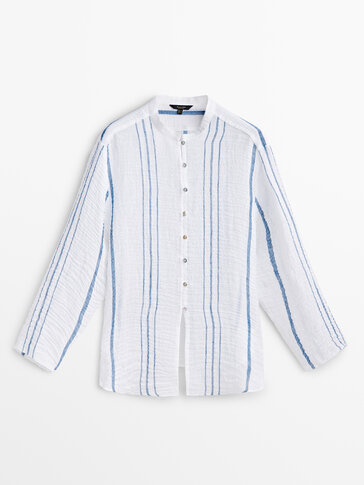 Waffle-knit linen blend striped shirt