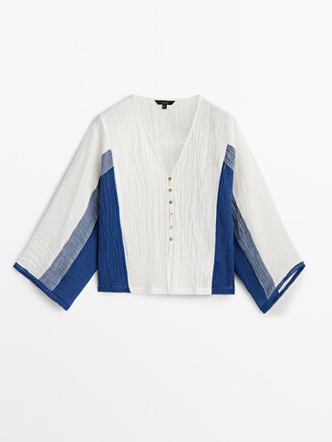 Contrast waffle-knit linen blend shirt