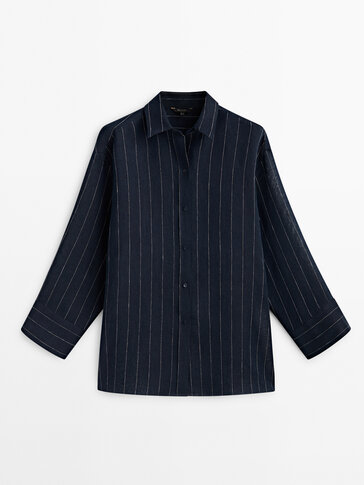 Marineblauwe gestreepte blouse van 100% linnen