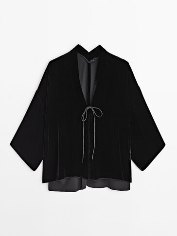 Kimono-Bluse aus Samt mit Schleifen