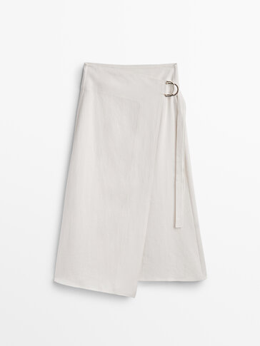 Linen blend wrap midi skirt with buckle