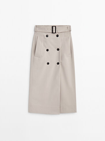 Belted double-buttoned midi skirt