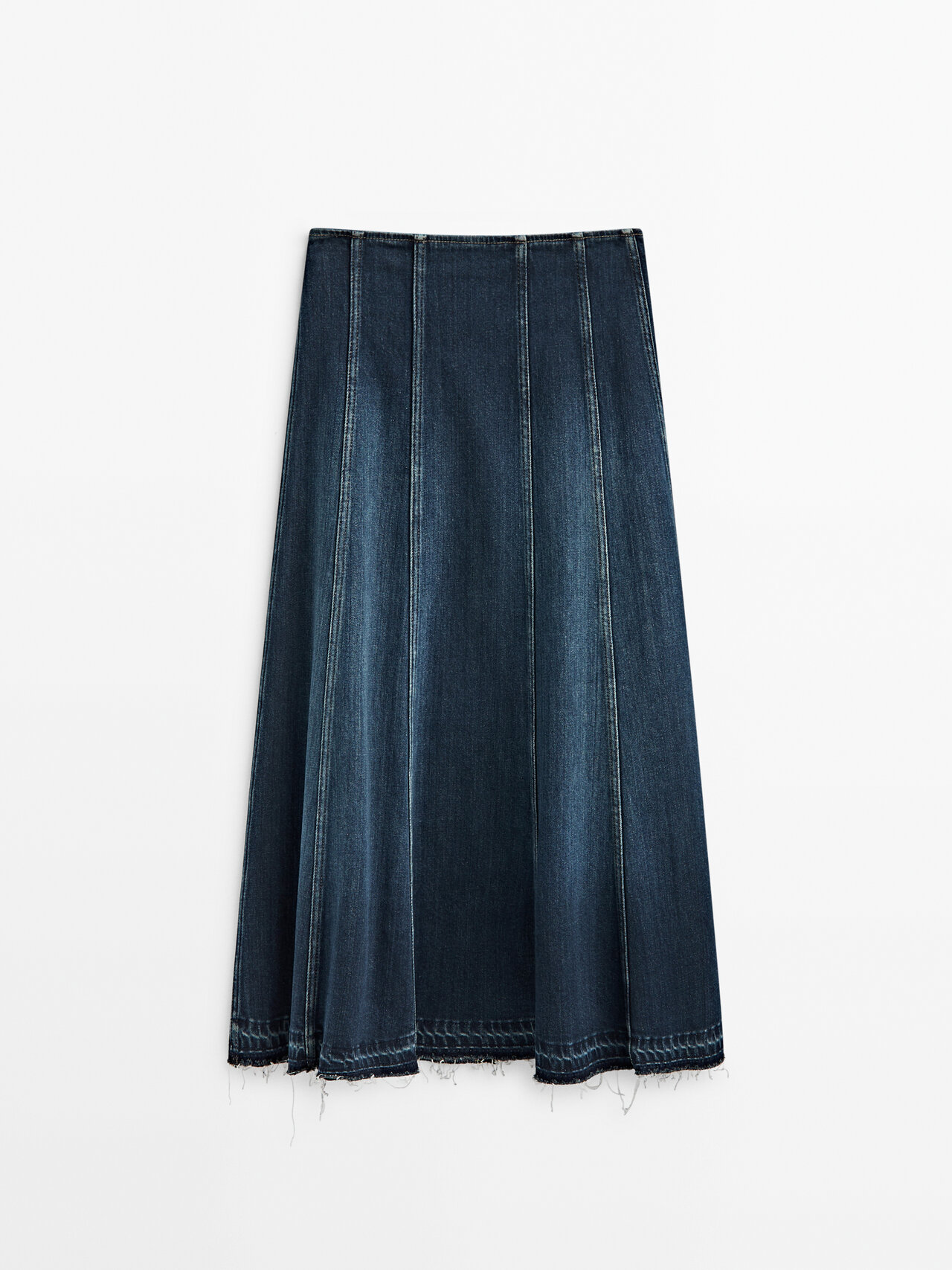 Massimo Dutti Denim Midi Skirt With Seams And Frayed Hem In