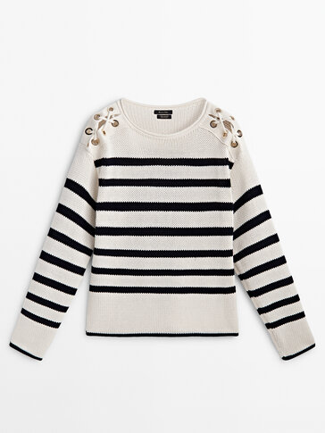 Striped knit sweater with interwoven shoulders