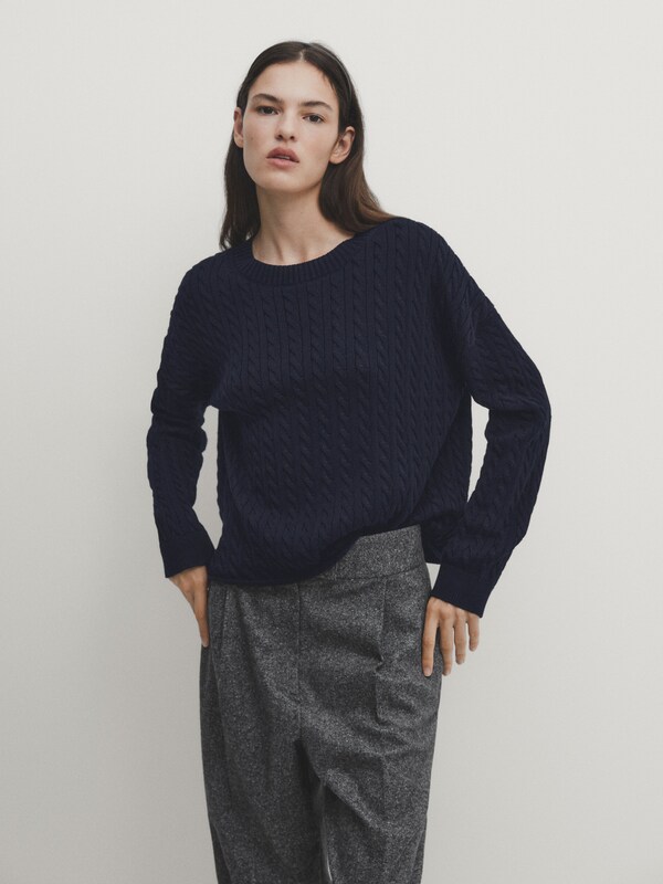 Crew neck cable-knit sweater · Navy Blue · Sweaters And Cardigans ...