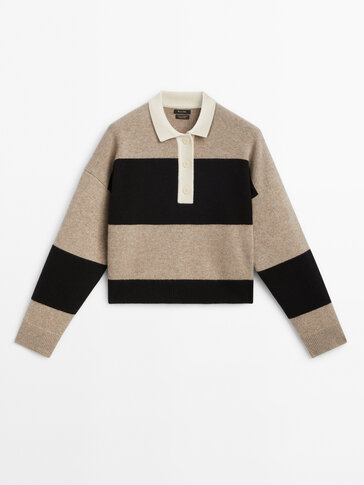 Striped knit sweater with contrast polo collar