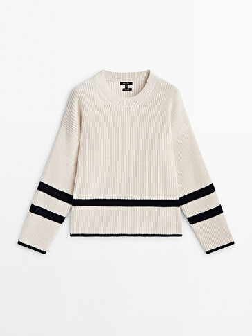 Purl knit sweater with stripes and side buttons
