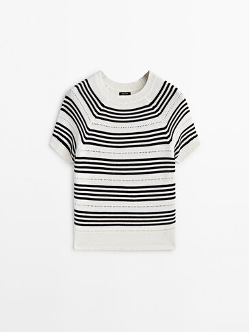 Textured short sleeve striped knit sweater