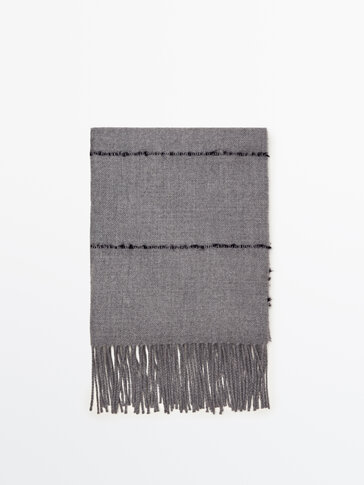 Fringed wool blend scarf with stripe detail