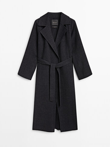 Long wool blend check robe coat