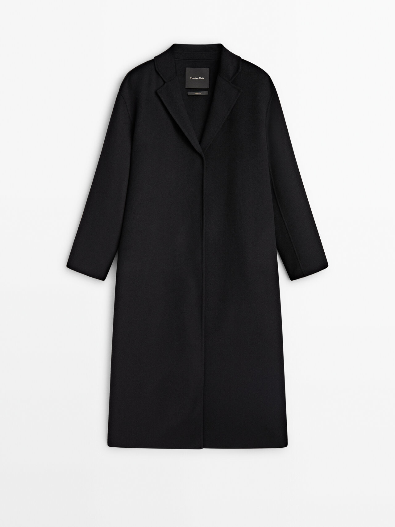 Massimo Dutti Long Wool Blend Coat With Strap At The Back In Black