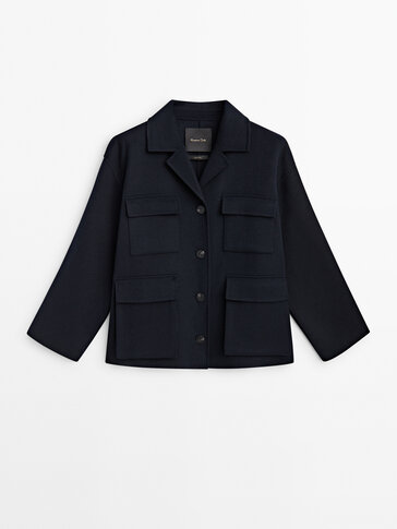 Short wool blend coat with pockets · Navy Blue, Pale Grey · Coats