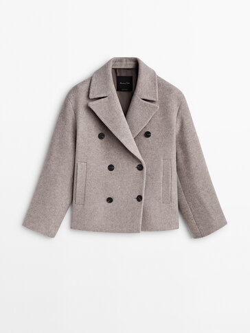 Grey short twill pea coat - Massimo Dutti