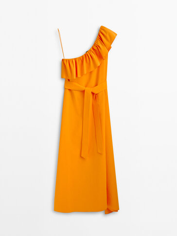 Asymmetric dress with ruffle and tie detail