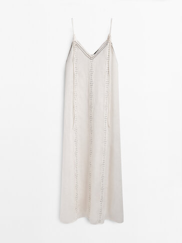 Linen blend dress with straps and embroidery detail