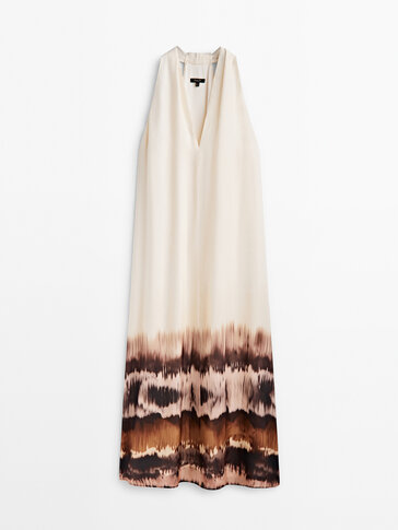 Batik kenarlı halter yaka midi elbise