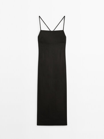 Linen blend midi dress with straps at the back