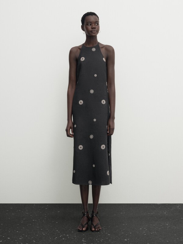 Linen halter dress with contrast embroidery - Massimo Dutti Armenia