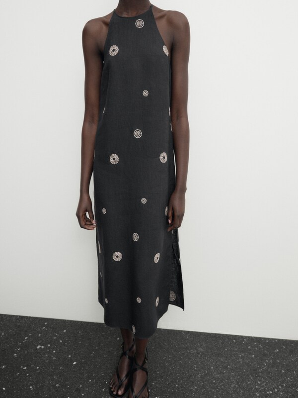 Linen halter dress with contrast embroidery - Massimo Dutti Ecuador