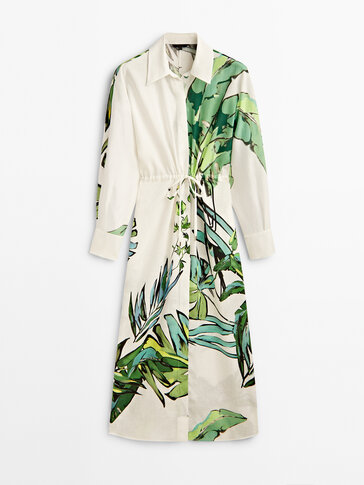 Palm tree print dress with adjustable waist Emerald Smart