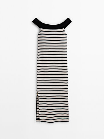 Striped midi dress with contrast boat neck