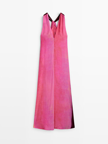 Πολύχρωμο εμπριμέ μακρύ χυτό φόρεμα