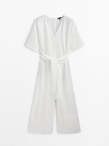 Linen blend jumpsuit with tie detail