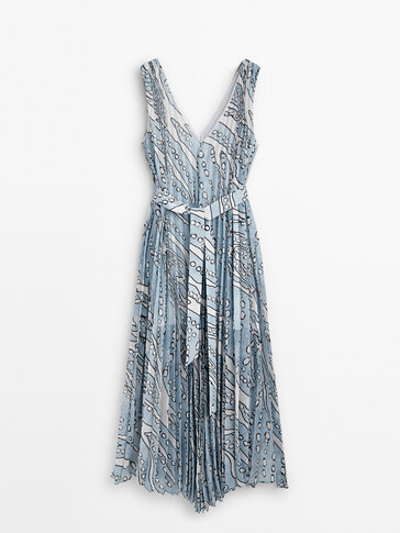 Printed satin V-neck dress with pleats