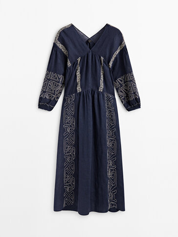 Linen blend midi dress with embroidery detail - Massimo Dutti