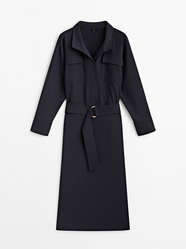 Shirt dress with stand up collar Dark Blue Smart Dresses And