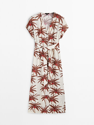 Palm tree print midi dress with tie detail