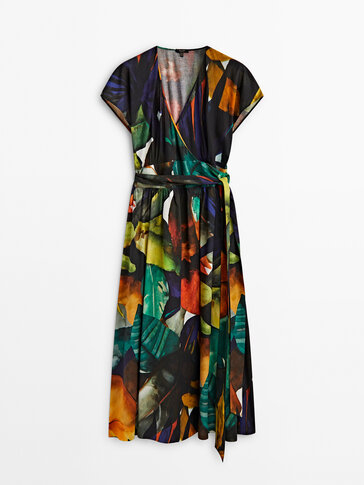 Tropical print dress with tie detail