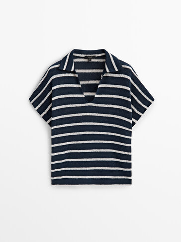 Textured striped cotton blend polo shirt